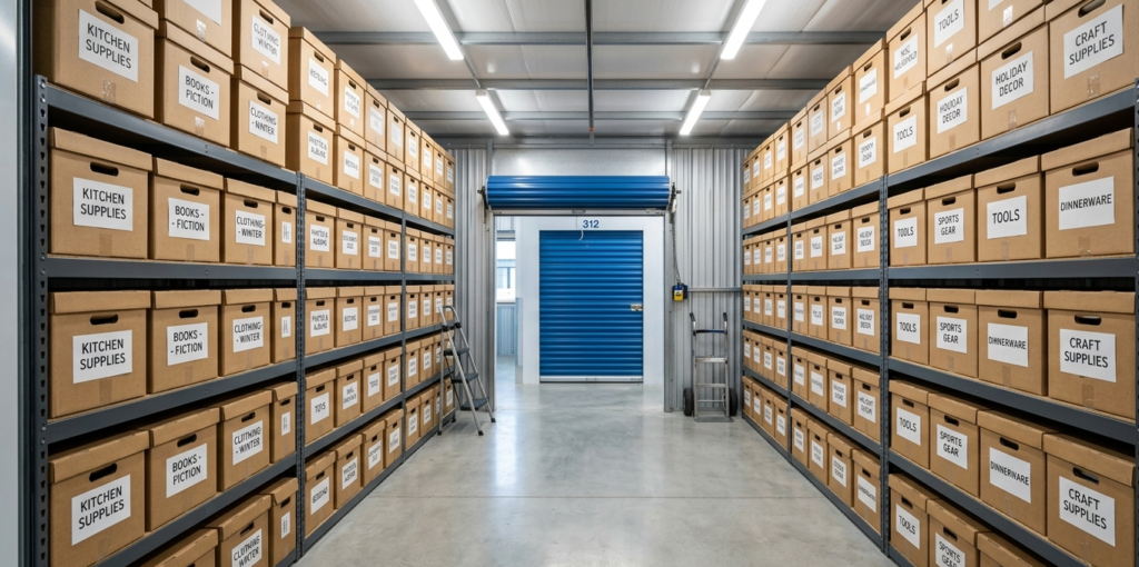 box de stockage bien rangé avec couloir central